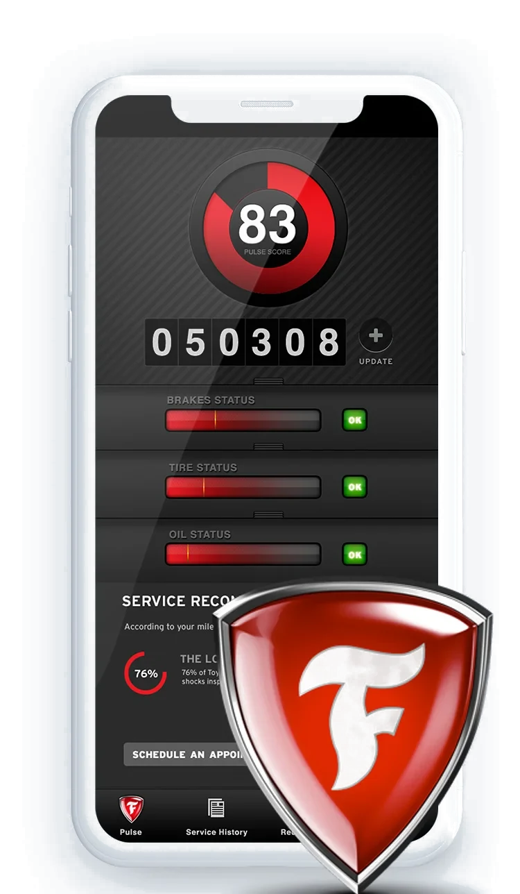 The Firestone app on a phone with a shield logo