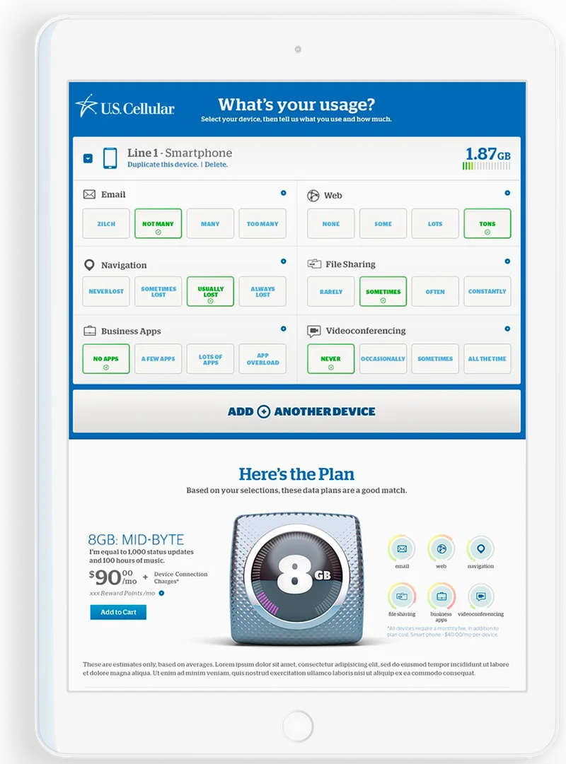 The U.S. Cellular data plan tool on an iPad