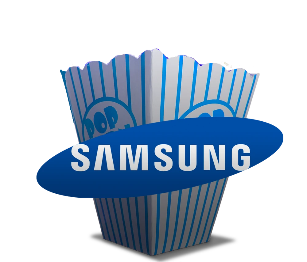 A popcorn bucket with the Samsung logo, overflowing with popcorn
