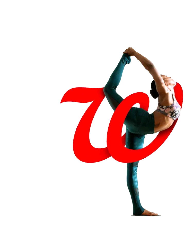 Walgreens myW logo: the script my beside a red W wrapped around a dancer in a pose