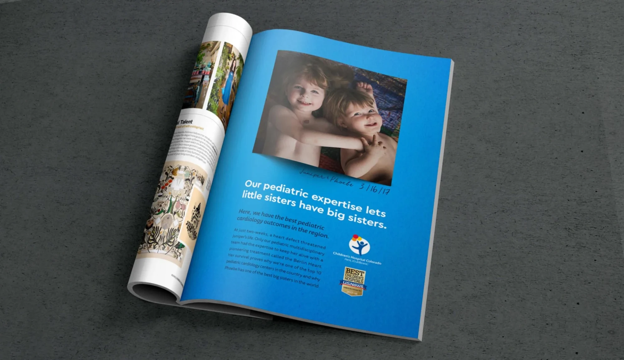 A magazine spread: an ad for the pediatric expertise that lets little sisters have big sisters