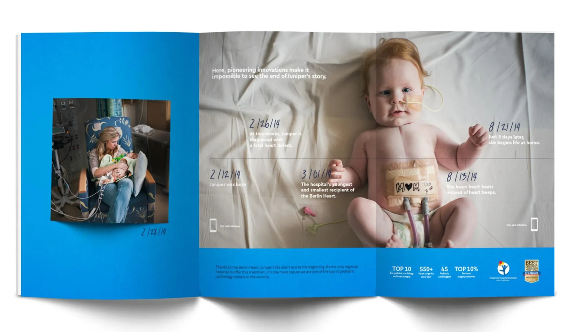 A print ad spread with Juniper's story