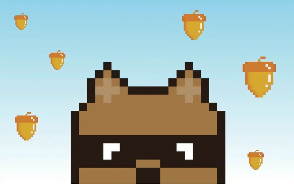 The 8-bit squirrel from Boostin’ Nuts with falling acorns
