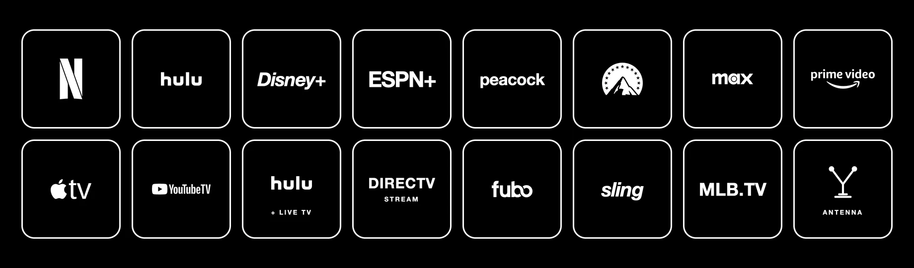 Sixteen streaming services and antenna as outlined tiles