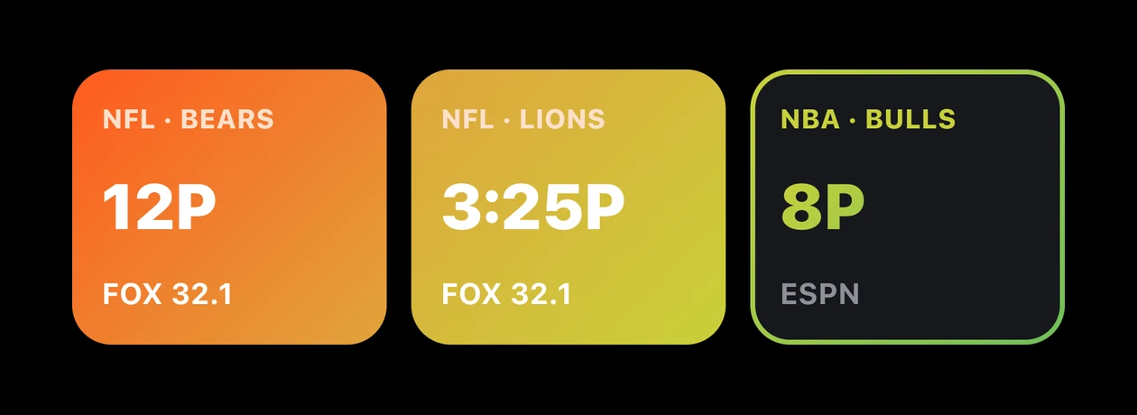 Your Teams Today tiles: Bears, Lions and Bulls with times and channels