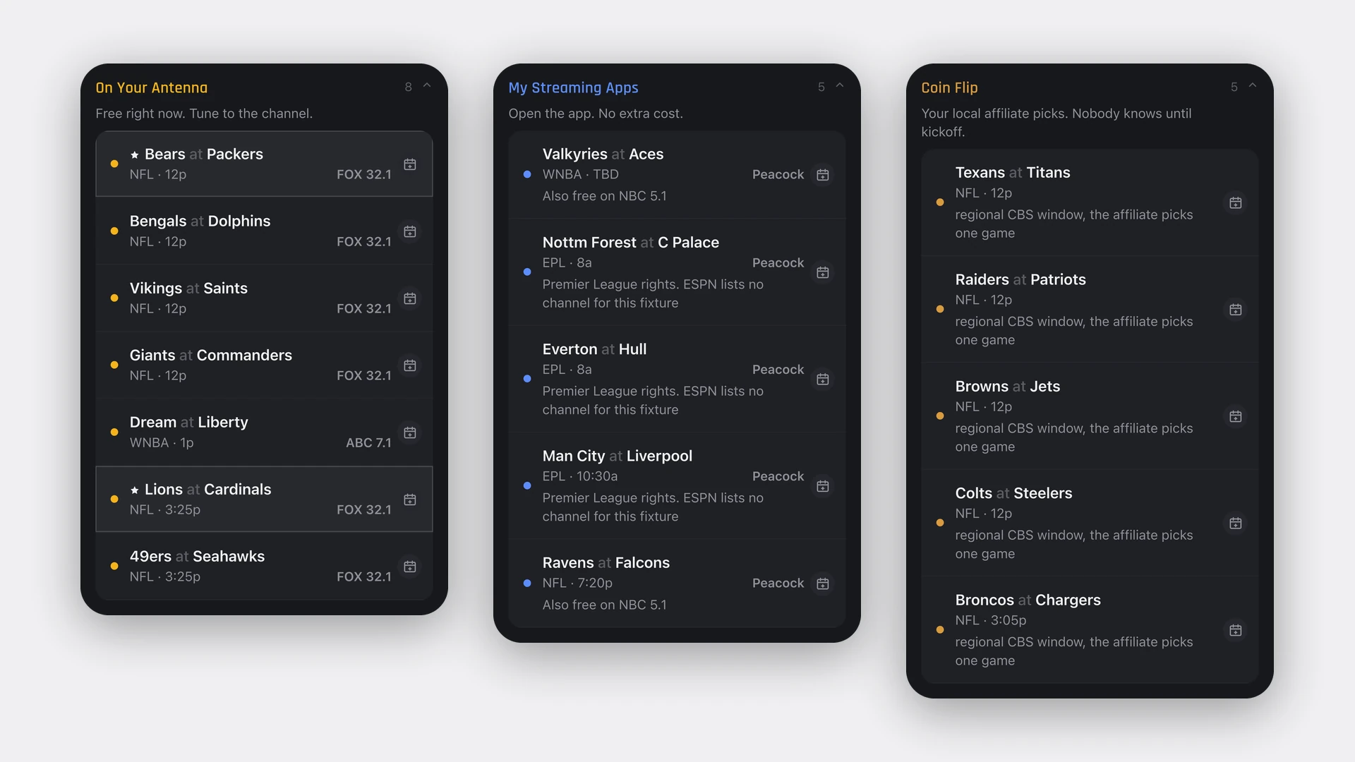 Three On Deck screens: On Your Antenna, My Streaming Apps and Coin Flip