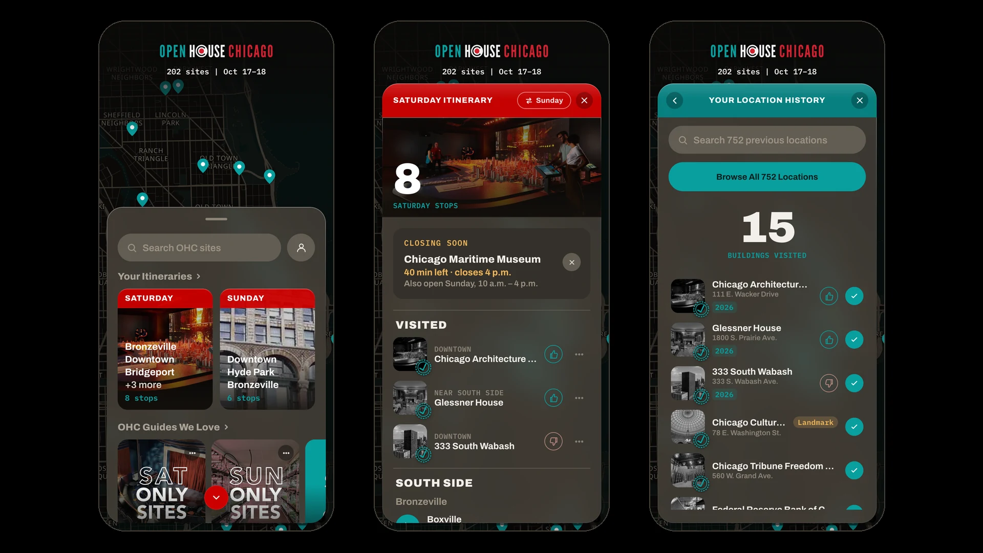 Three screens of the Open House Chicago app
