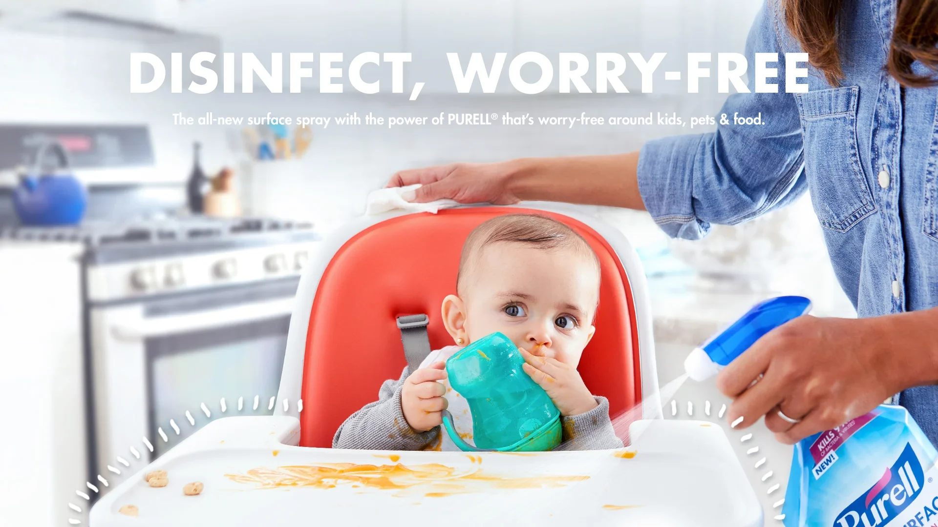 Disinfect, worry-free: a baby in a high chair with the spray