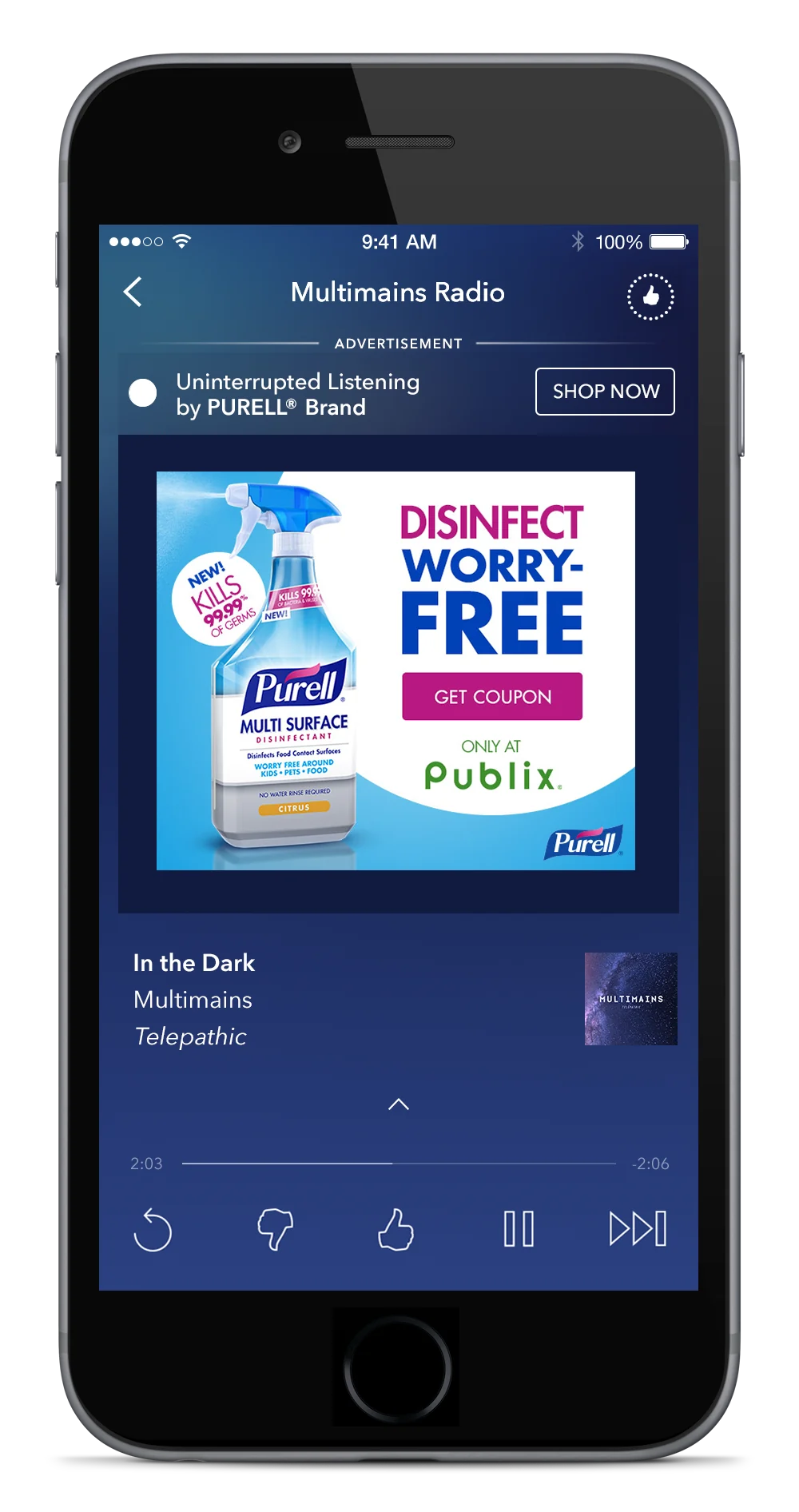A Pandora sponsored listening screen: Disinfect worry-free