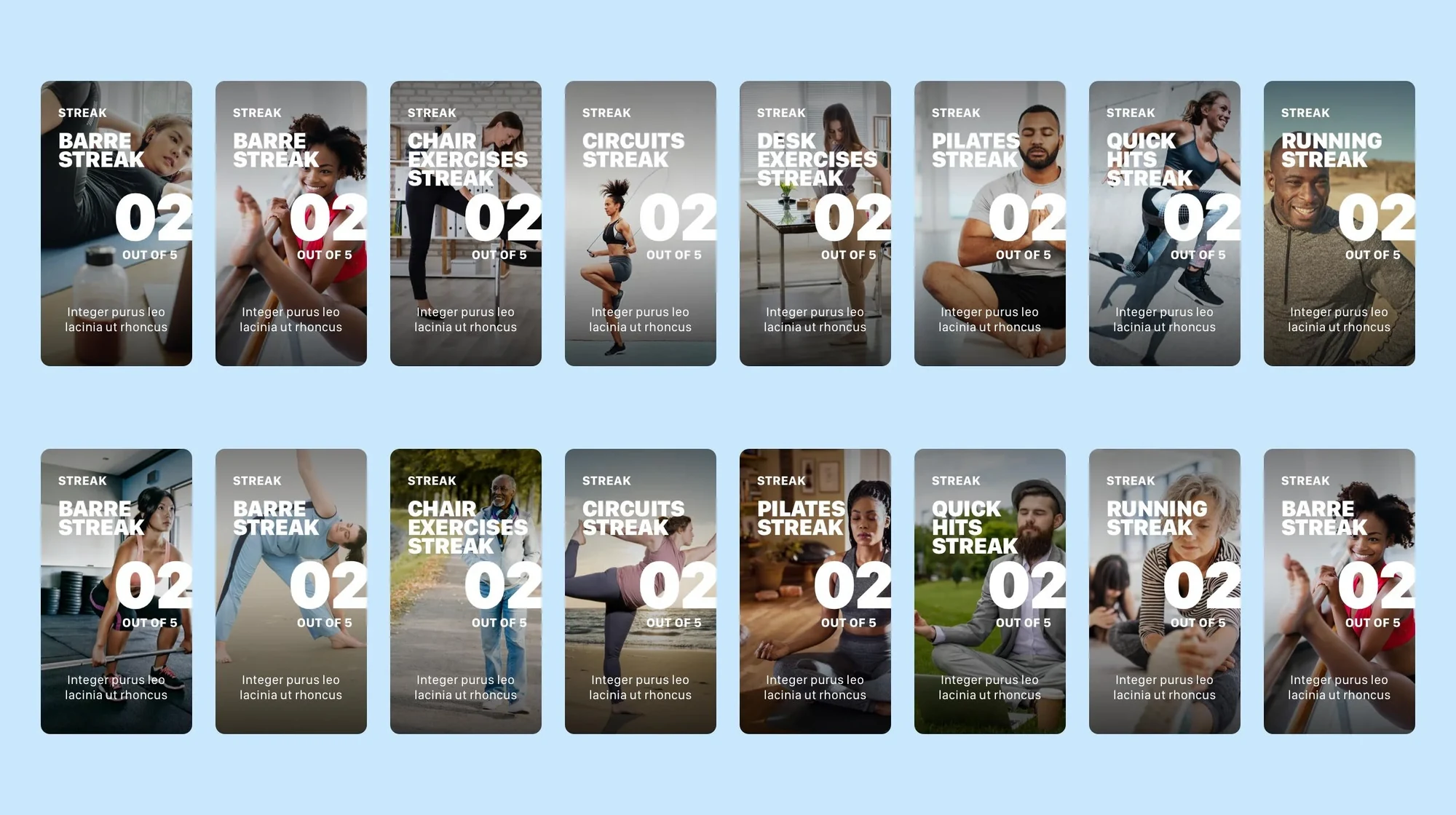 A grid of streak cards for barre, chair exercises, circuits, pilates, running and more