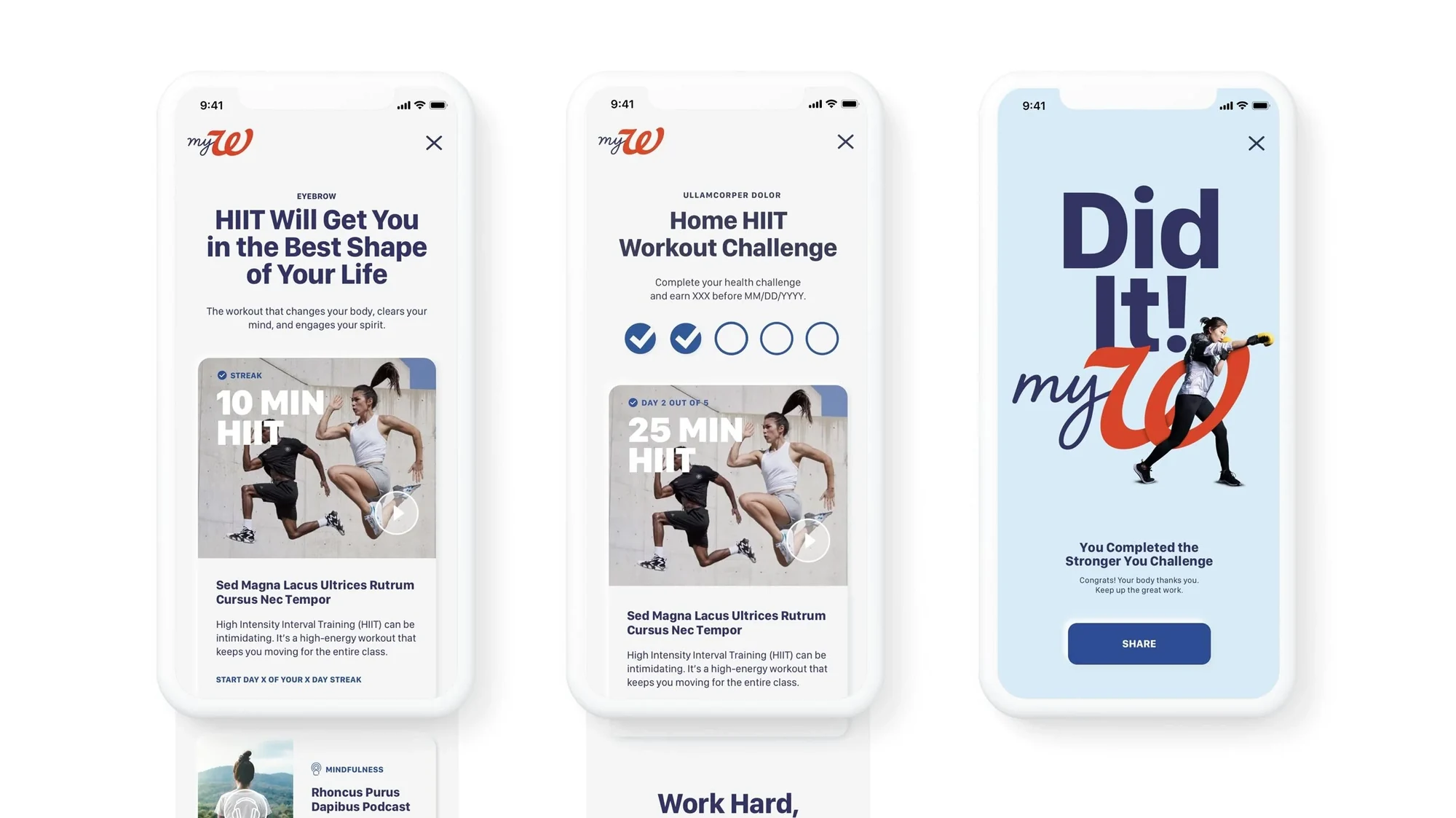 Three MyWalgreens screens: a HIIT challenge, a home workout challenge and a Did It completion screen