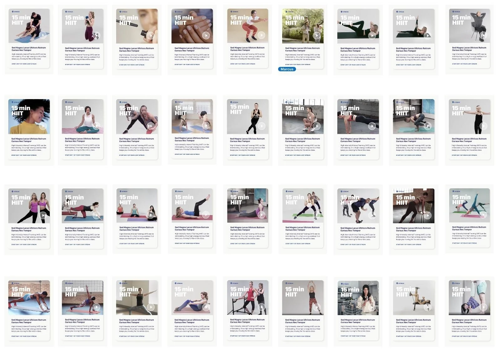 A grid of class cards with different workouts